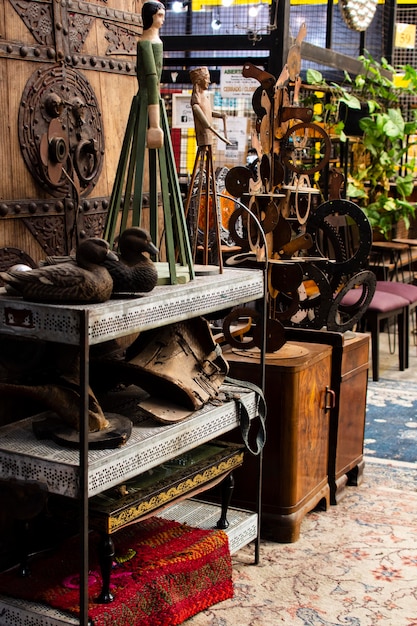 Arrangement of old objects in an antiques market