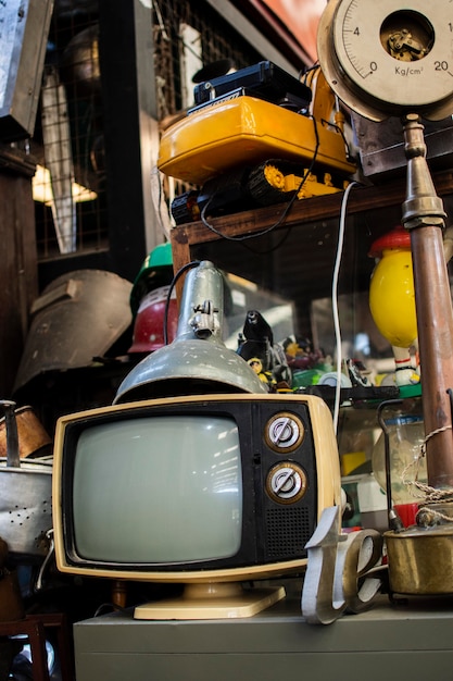 Arrangement of old objects in an antiques market