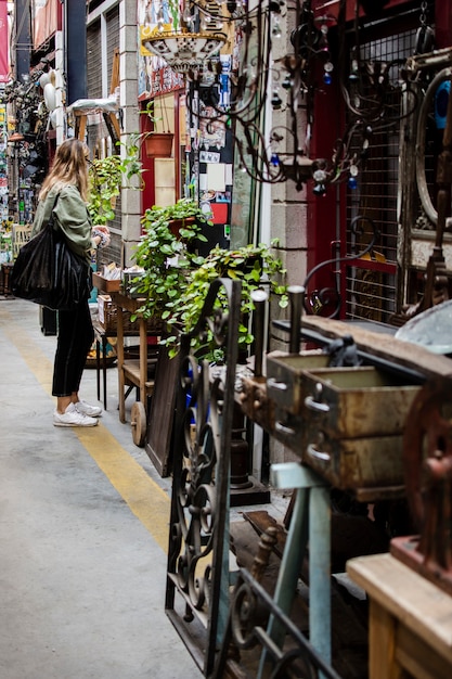 Arrangement of old objects in an antiques market