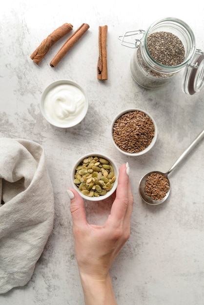 Arrangement of organic seeds and whipped cream