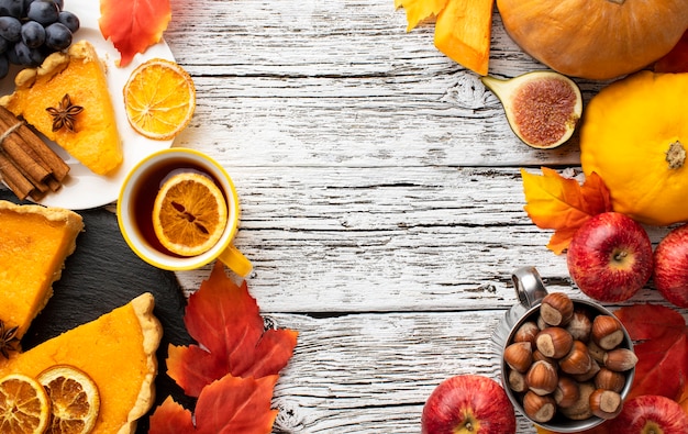 Arrangement of pumpkin pie and fruit