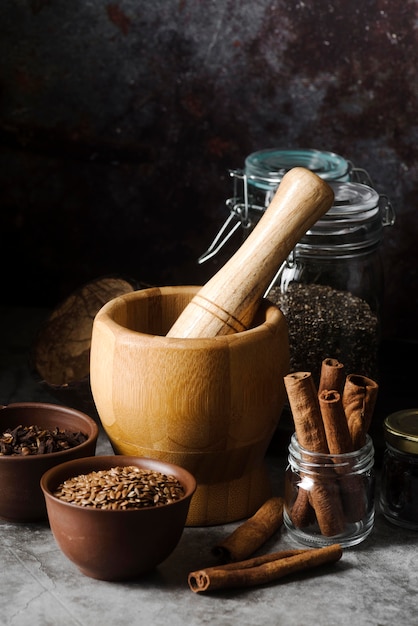 Arrangement of rustic kitchen objects with seeds