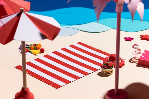 Arrangement of summer beach made from different materials