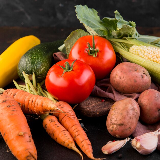 Arrangement of vegetables on dark background