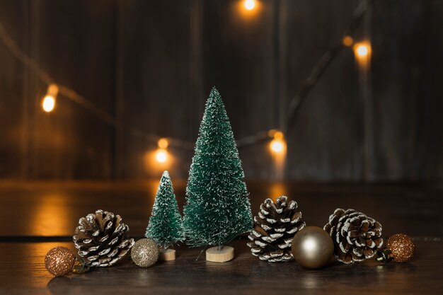 Arrangement with christmas trees and lights