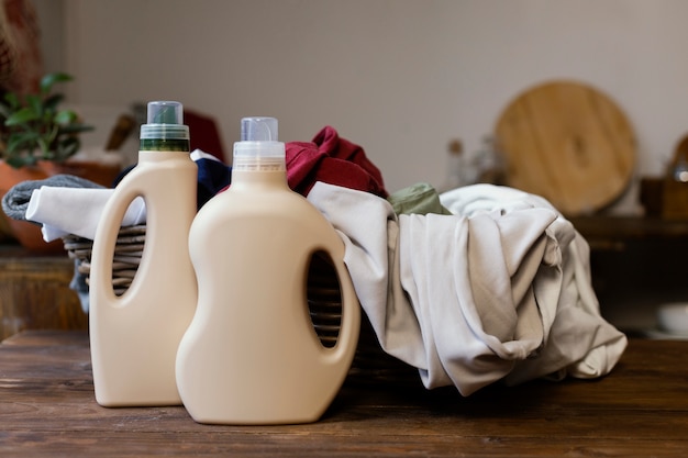 Free photo arrangement with cleaning products and basket