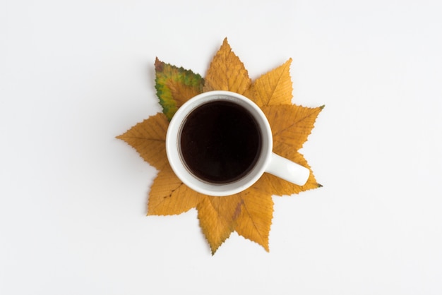 Free photo arrangement with cup and autumn leaves