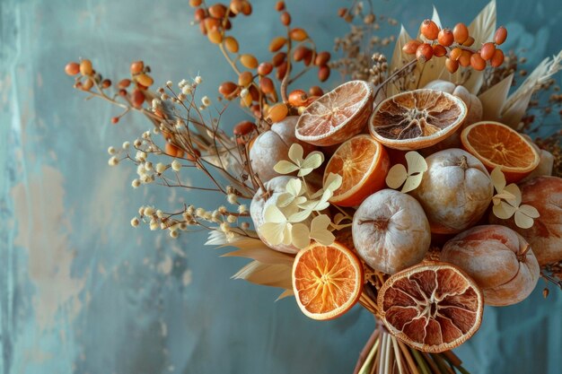 Arrangement with decorative dried fruits and vegetables