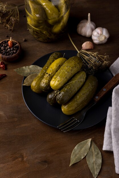 Arrangement with delicious pickles on plate