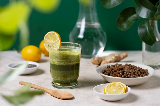 Arrangement with drink and lemon slices