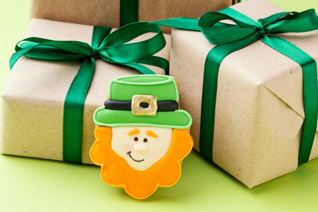 Arrangement with gifts and leprechaun