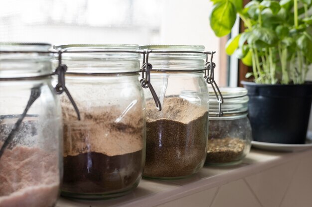 arrangement with jars and plant