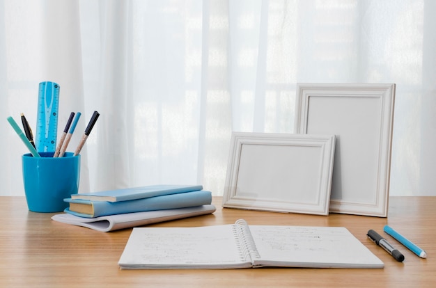 study table elevation Free photo arrangement with notebook on desk