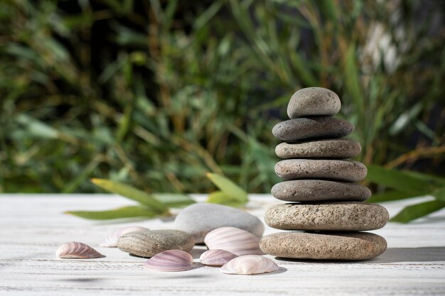 Arrangement with spa stones and shells outdoors