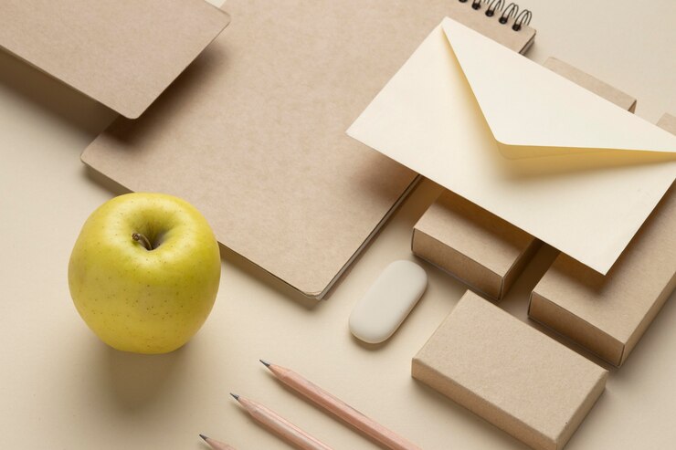 Free Photo arrangement with stationery elements and fruit