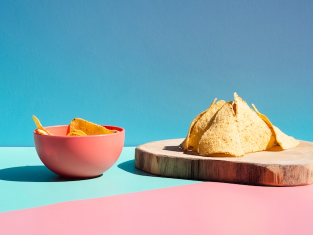 Arrangement with tortilla chips and bowl