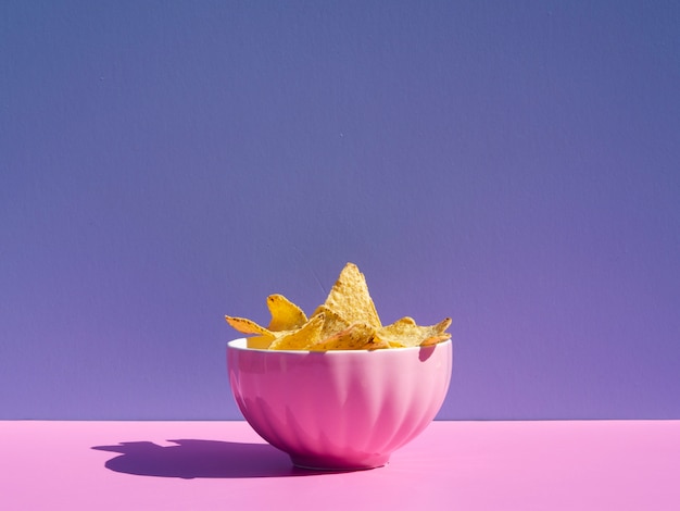 Arrangement with tortilla in a pink bowl