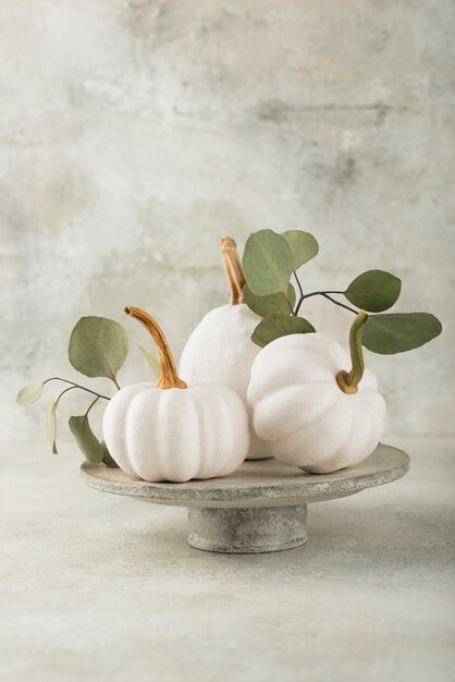 Arrangement with white pumpkins and green leaves