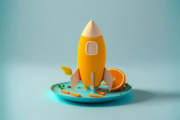 Art concept of yellow rocket on blue plate isolated on gradient background