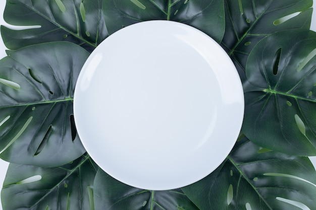 Artificial green leaves around white plate.