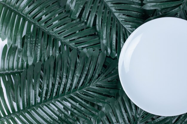 Artificial green leaves around white plate.