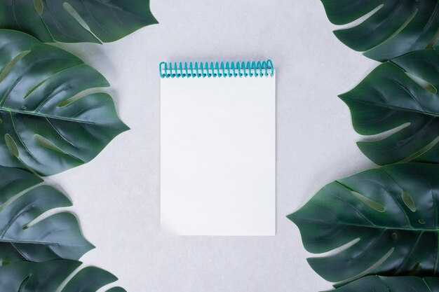 Artificial green leaves with notebook on white.