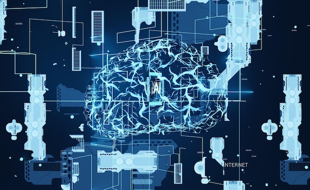 Artificial Intelligence enabling computers to replicate human brain functioning. Machine learning algorithms used to do computational operations based on data pattern recognition, 3D render animation