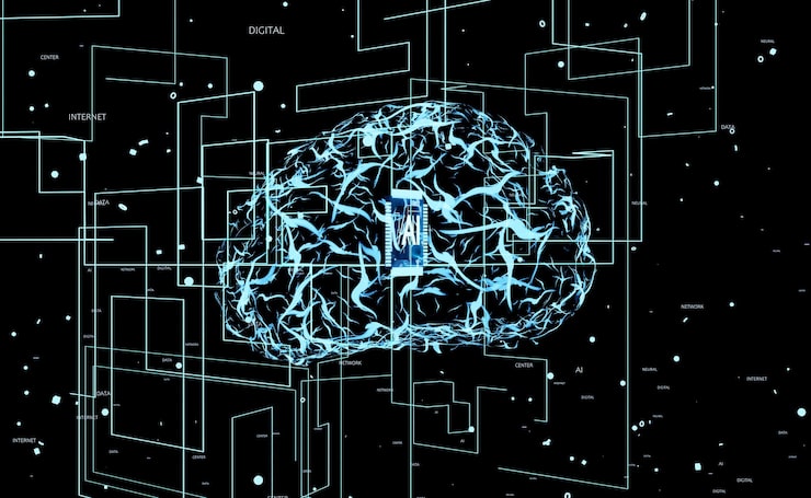 Free Photo artificial intelligence system using complex language code. deep learning neural network programming model solving operations using massive computational power, 3d render animation