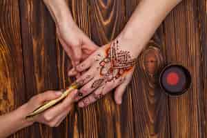 Free photo artist making mehndi on womans hand near tea cup