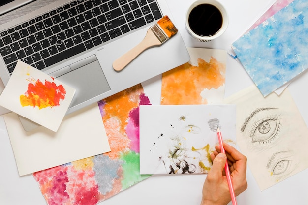 Artist painting tools on desk