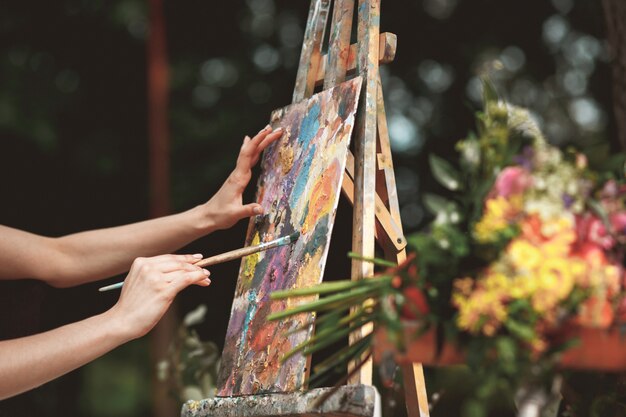 Artist's hand close-up on the wallof picture