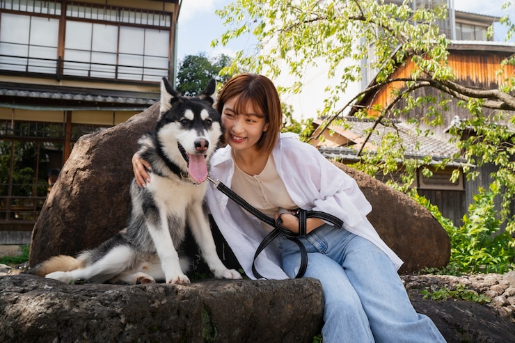 無料Photo 屋外でハスキー犬を散歩するアジアの女性