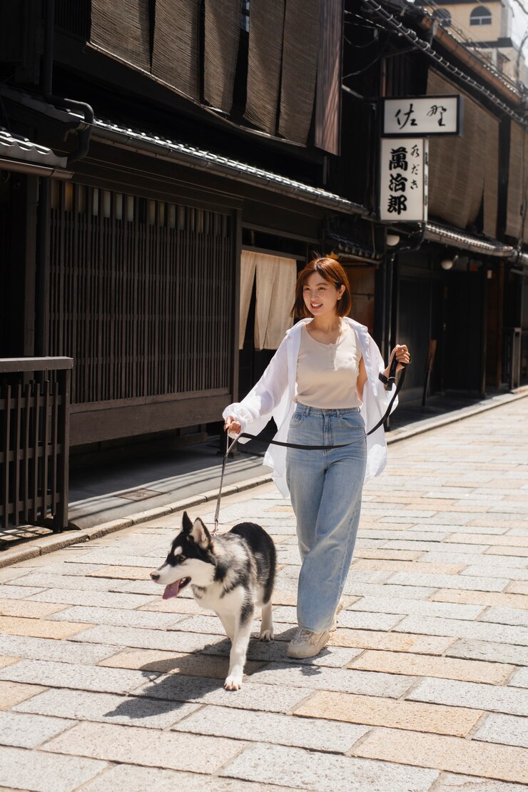 無料Photo 屋外でハスキー犬を散歩するアジアの女性