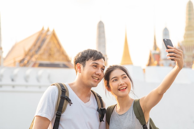 Asian blogger couple travel in Bangkok, Thailand