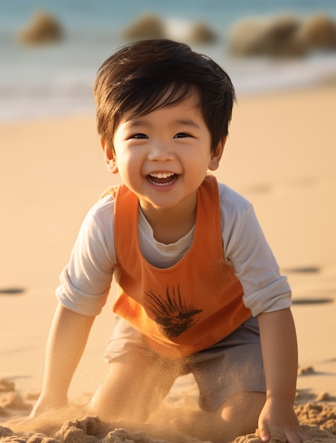 무료 사진 해변에서 티네를 즐기는 아시아 소년