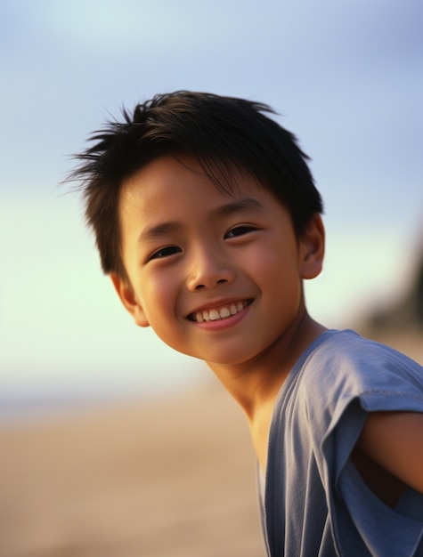 Free photo asian boy enjoying tine at the beach