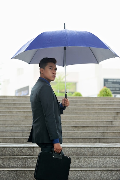 Free photo asian businessman with umbrella and briefcase walking up staircase in rain