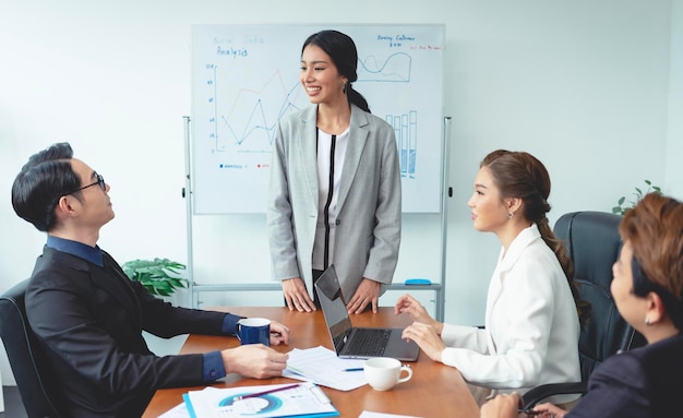 Asian businesswoman presenting of his work to corporate colleagues in meeting in office