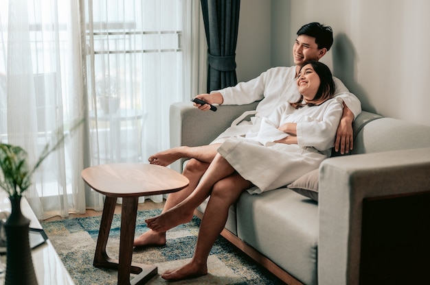 Asian couple in the living room