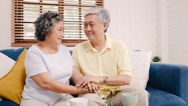 Foto gratuita le coppie anziane asiatiche che tengono le loro mani mentre prendono insieme nel salone, coppia ritenente felice dividono e si supportano la menzogne sul sofà a casa.