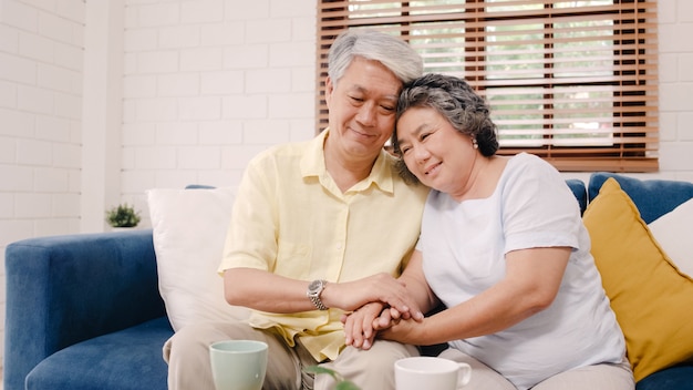 アジアの老夫婦が居間で一緒に服用しながら手を取り合って、幸せな気分を共有し、自宅のソファーに横になってお互いを支え合っています。