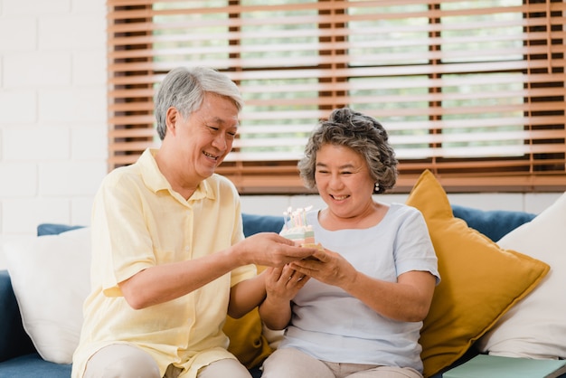 Asian elderly couple man holding cake celebrating wife's birthday in living room at home. Japanese couple enjoy love moment together at home. 