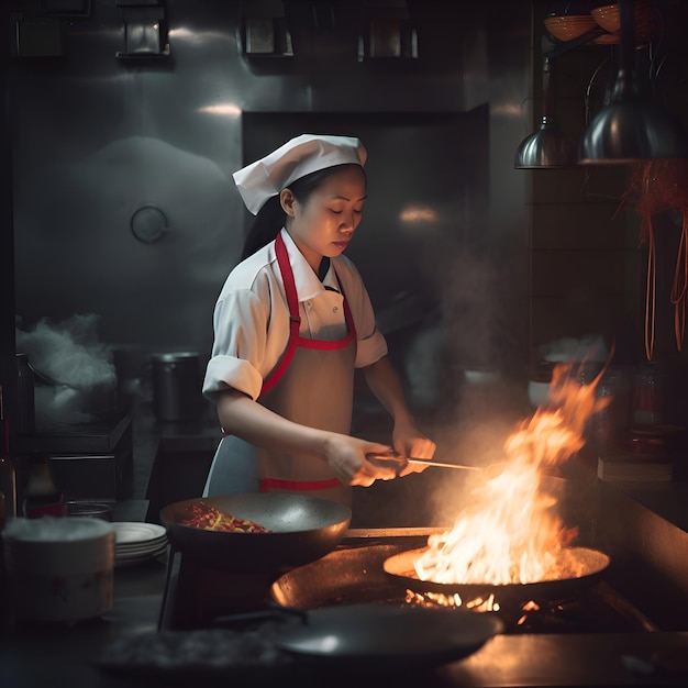 無料写真 レストランのキッチンで料理を準備するアジアの女性シェフ 料理コンセプト