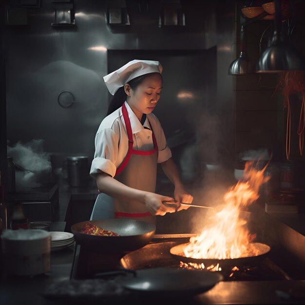 Free photo asian female chef preparing food in a restaurant kitchen cooking concept