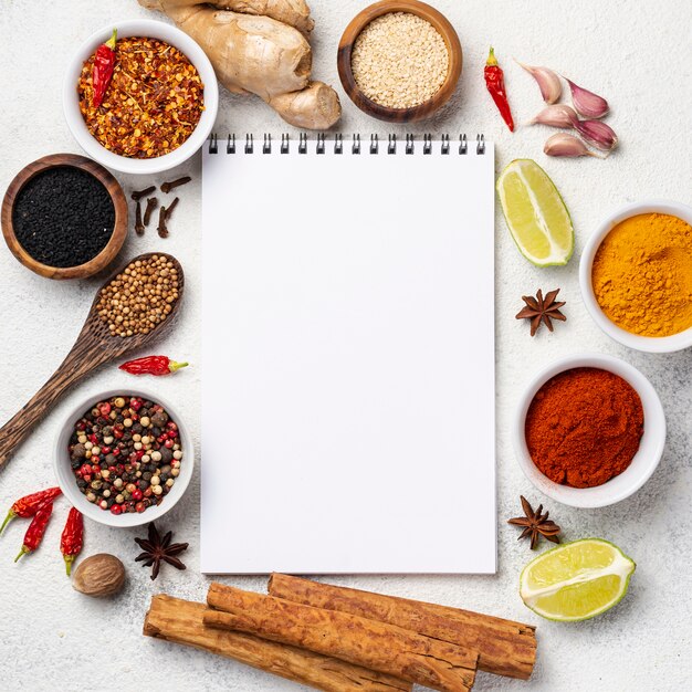 Asian food ingredients frame with blank notebook