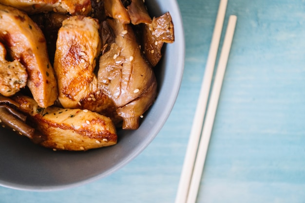 Asian food on light blue background