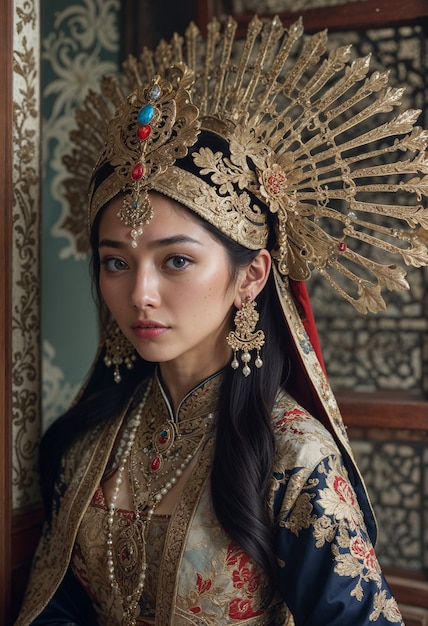 Free photo asian girl with golden headdress at the palace