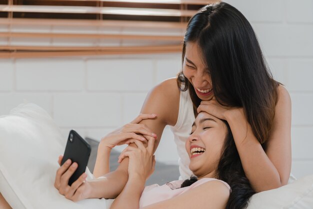 Asian influencer Lesbian lgbtq women couple vlog at home.