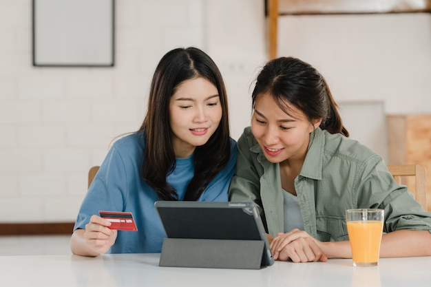 Asian Lesbian lgbtq women couple have breakfast at home