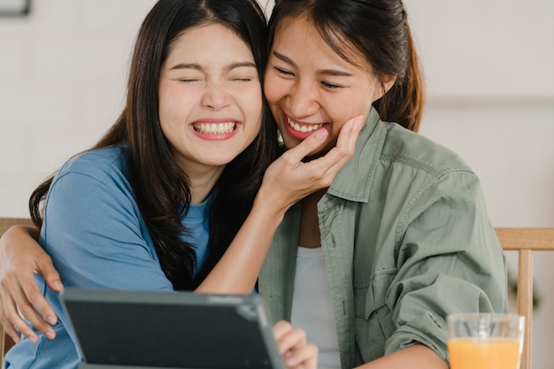 Asian Lesbian lgbtq women couple have breakfast at home